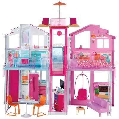 BARBIE MOBILIER GRANDE MAISON DE POUPÉE DE LUXE À 2 ÉTAGES ET 4 PIÈCES DONT  CUISINE CHAMBRE SALLE DE BAIN ET ACCESSOIRES JOUET POUR ENFANT EN PROMOTION