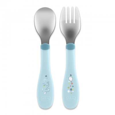 Ensemble de couverts en métal Chicco en acier inoxydable 18M + bleu clair Set Posate Chicco Metal Cutlery in Acciaio 18M+ Azzurro