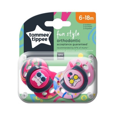 Tommee Tippee Set 02 succhietti Fun Style 6-18 mesi Ortodontico in Silicone Rosa&Fucsia Gatto