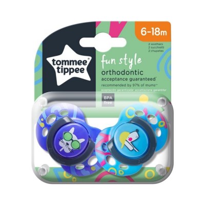 Tommee Tippee Set 02 Succhietti 18-36 m Fun Style in Silicone Ortodontico Azzurro e Blu Dog