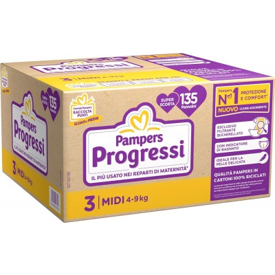 Pampers Progressi Midi Taglia 3 (4-9 kg) - Pacco scorta da 135 Pannolini