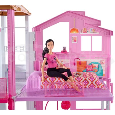 Poupée et Maison de poupée Barbie, coffret de jeu à 1 étage portatif avec  piscine